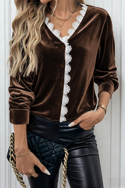 Lace Trim Button-Up Blouse