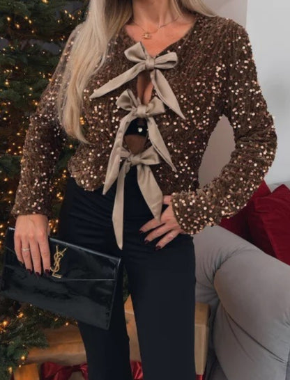 Sequin Bow Front Cropped Cardigan