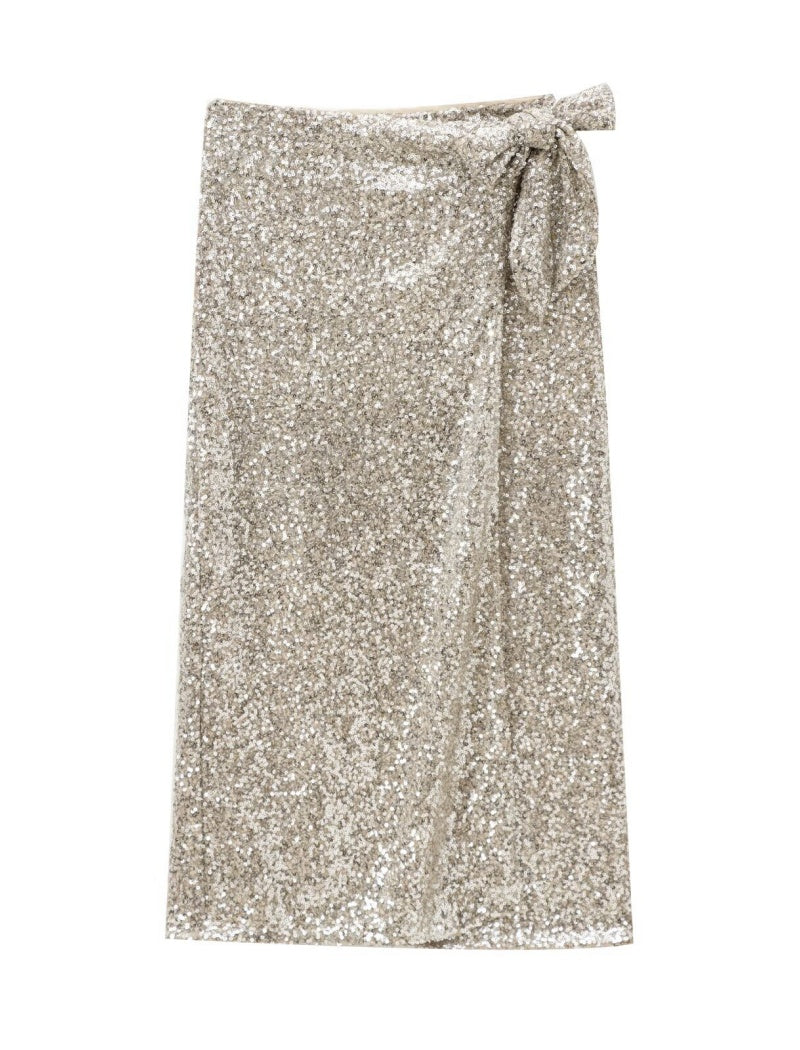 Sequin Wrap Midi Skirt with Side Tie