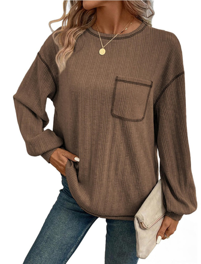 Patch Pocket Ribbed Long-Sleeve Sweater