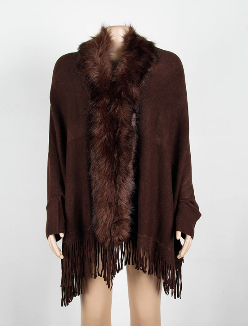 Faux Fur Trim Shawl with Fringe Detail