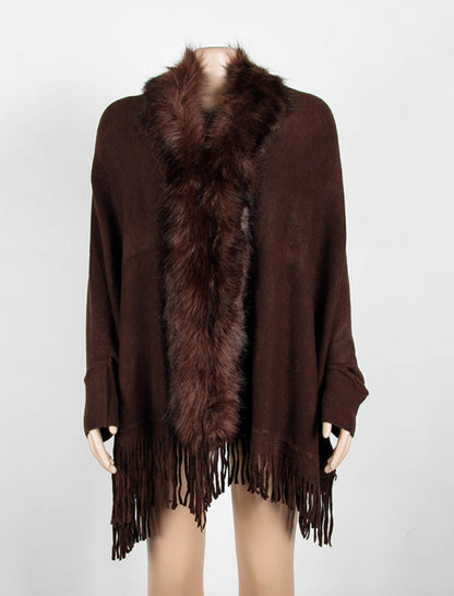 Faux Fur Trim Shawl with Fringe Detail