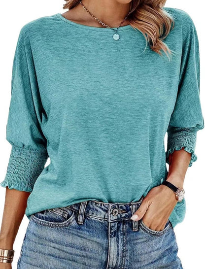 Smocked Cuff Round Neck Blouse