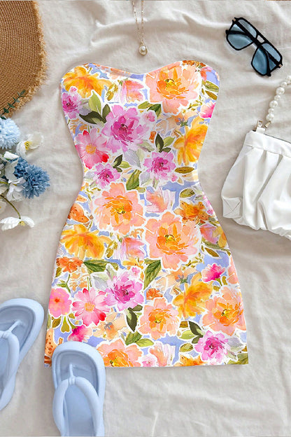 Strapless Floral Print Casual Dress