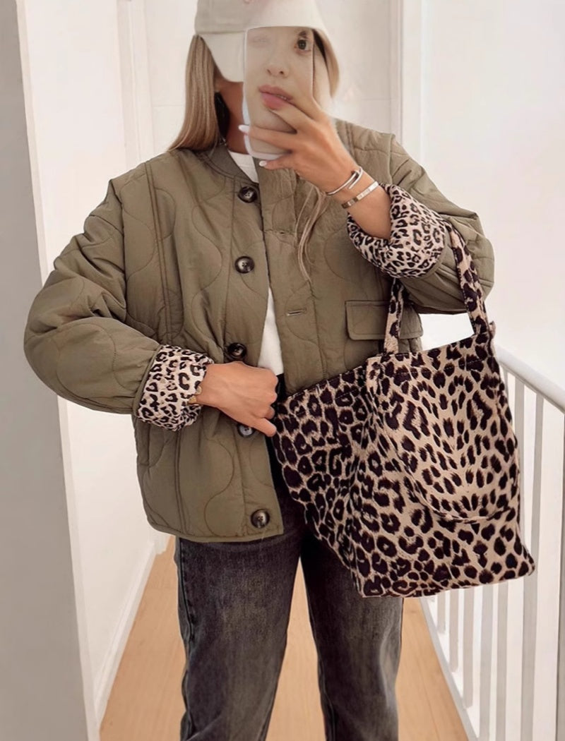 Quilted Jacket with Leopard Print Trim