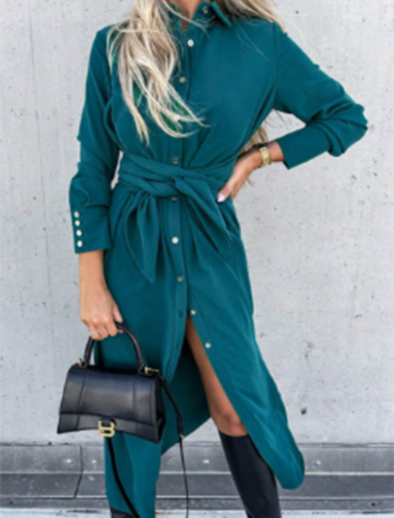 Belted Shirt Dress with Front Slit