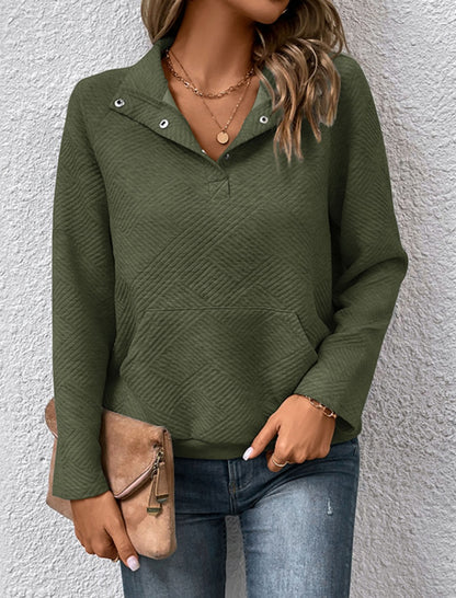 Textured Buttoned Pullover with Kangaroo Pocket