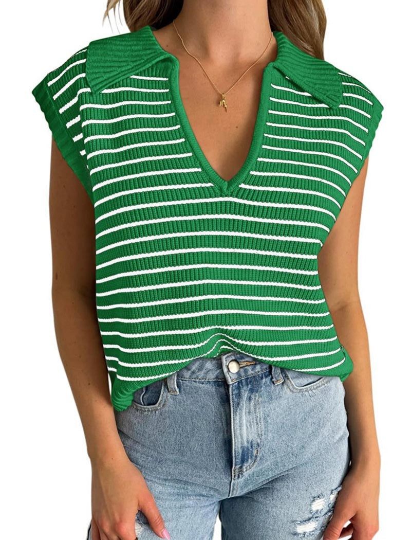 Striped Sleeveless Collared Knit Top