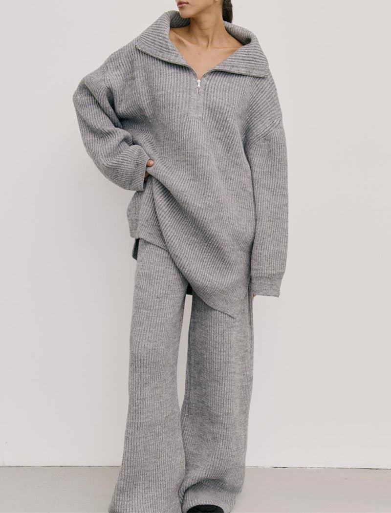 Oversized Knit Zip-Up Sweater and Pants Set