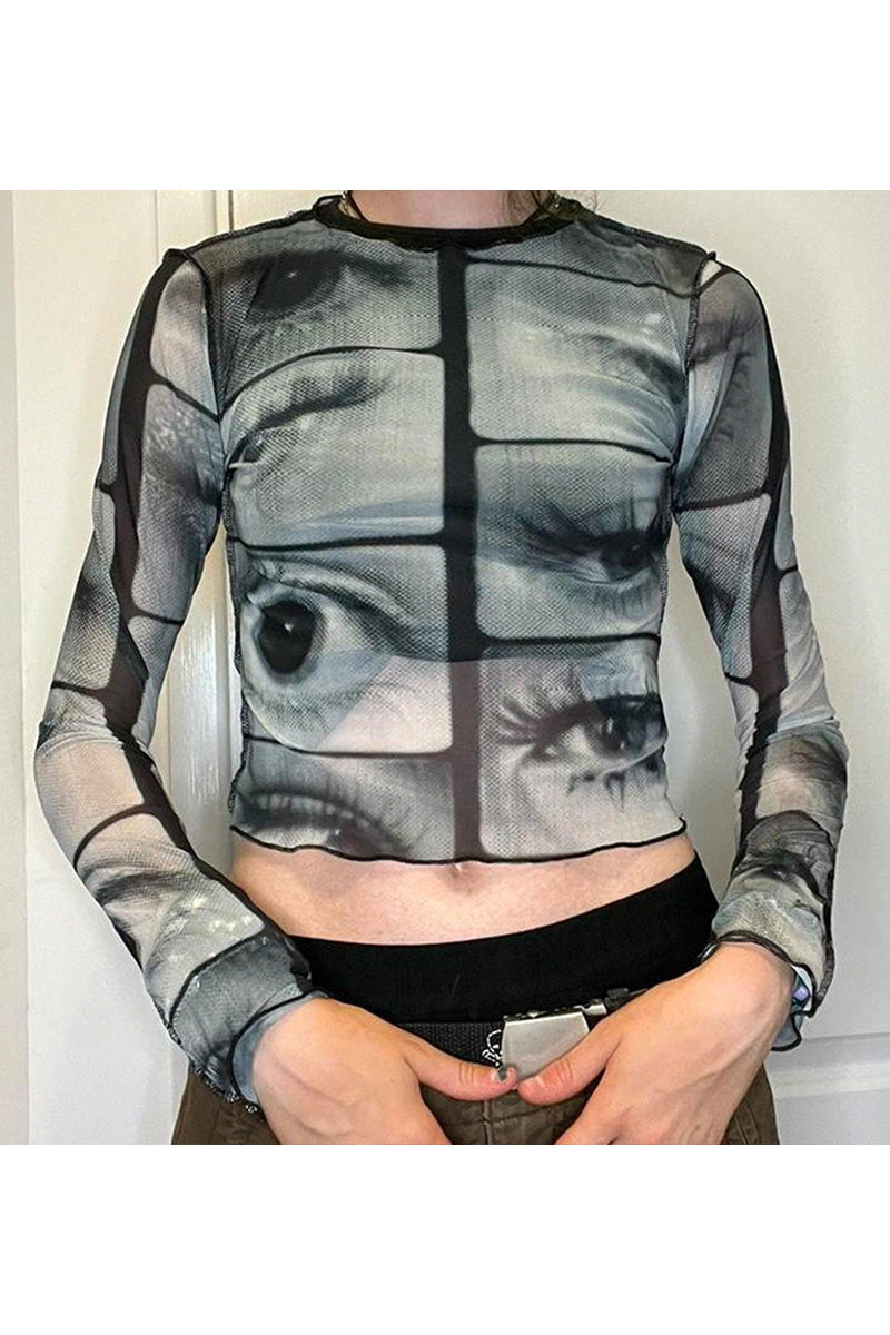 Graphic Mesh Long Sleeve Top