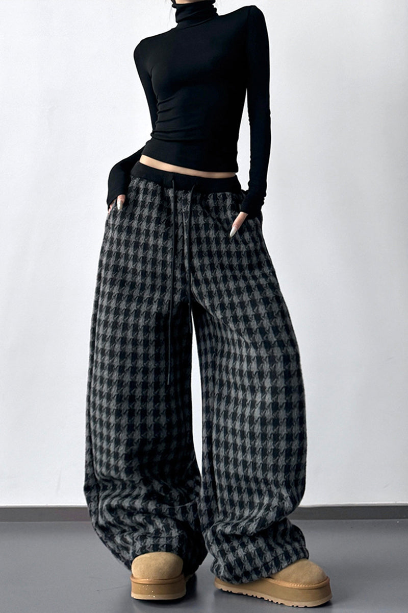 Checkered Wide-Leg Casual Pants