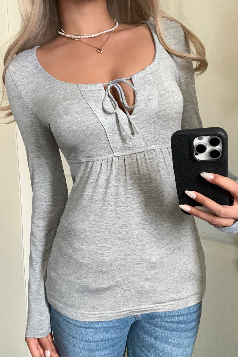 Keyhole Tie Front Long Sleeve Top