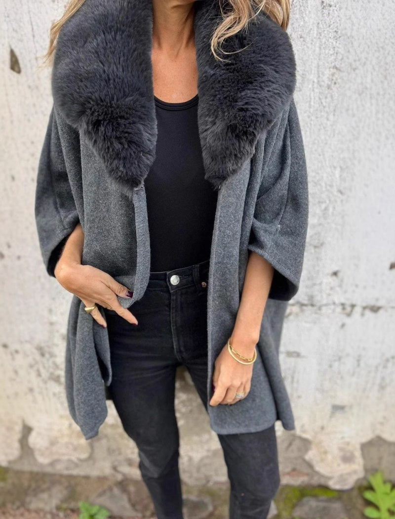 Oversized Cape with Faux Fur Collar