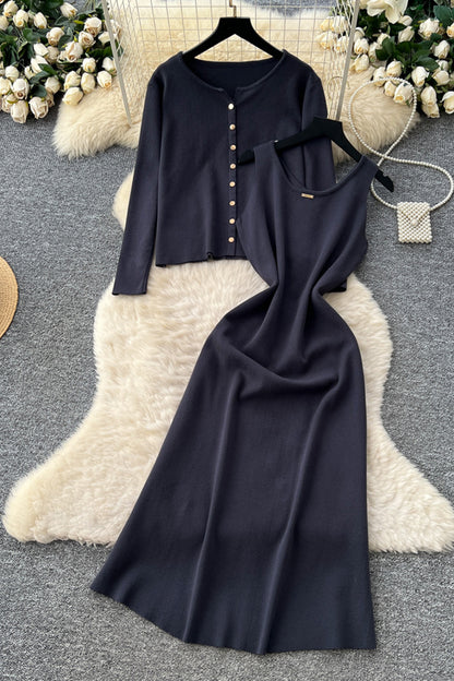 Elegant Knit Skirt Set with Buttoned Cardigan