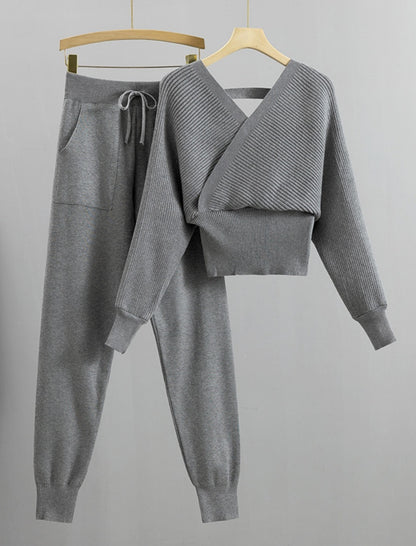 Ribbed Knit Cross-Front Lounge Set