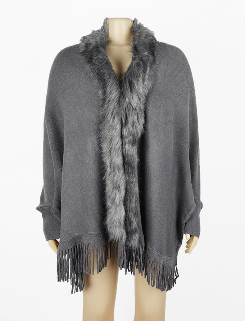 Faux Fur Trim Shawl with Fringe Detail