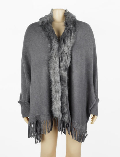 Faux Fur Trim Shawl with Fringe Detail
