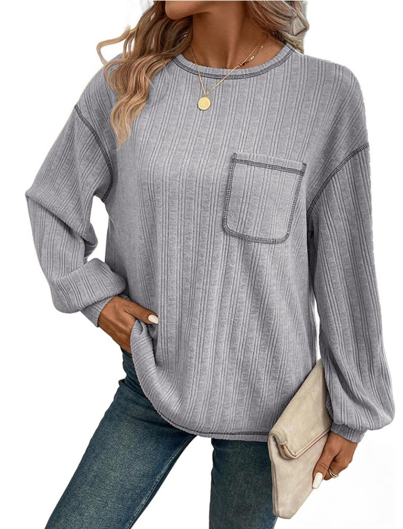 Patch Pocket Ribbed Long-Sleeve Sweater