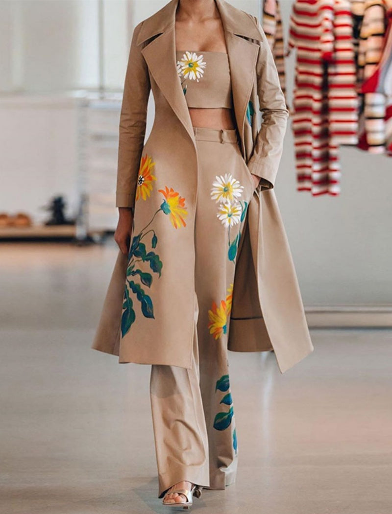 Floral Print Tube and Pants and Trench Coat Set