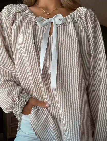 Striped Ribbon Tie Blouse