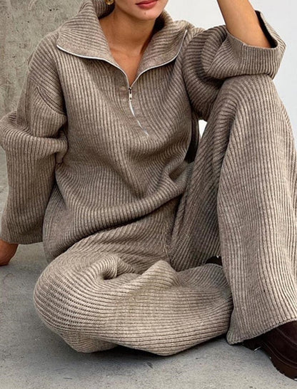 Oversized Knit Zip-Up Sweater and Pants Set