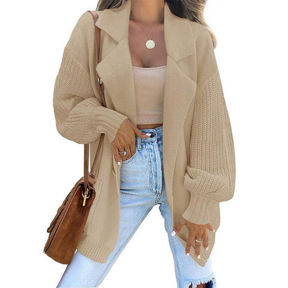 Blazer Collar Long Sleeve Knit Cardigan