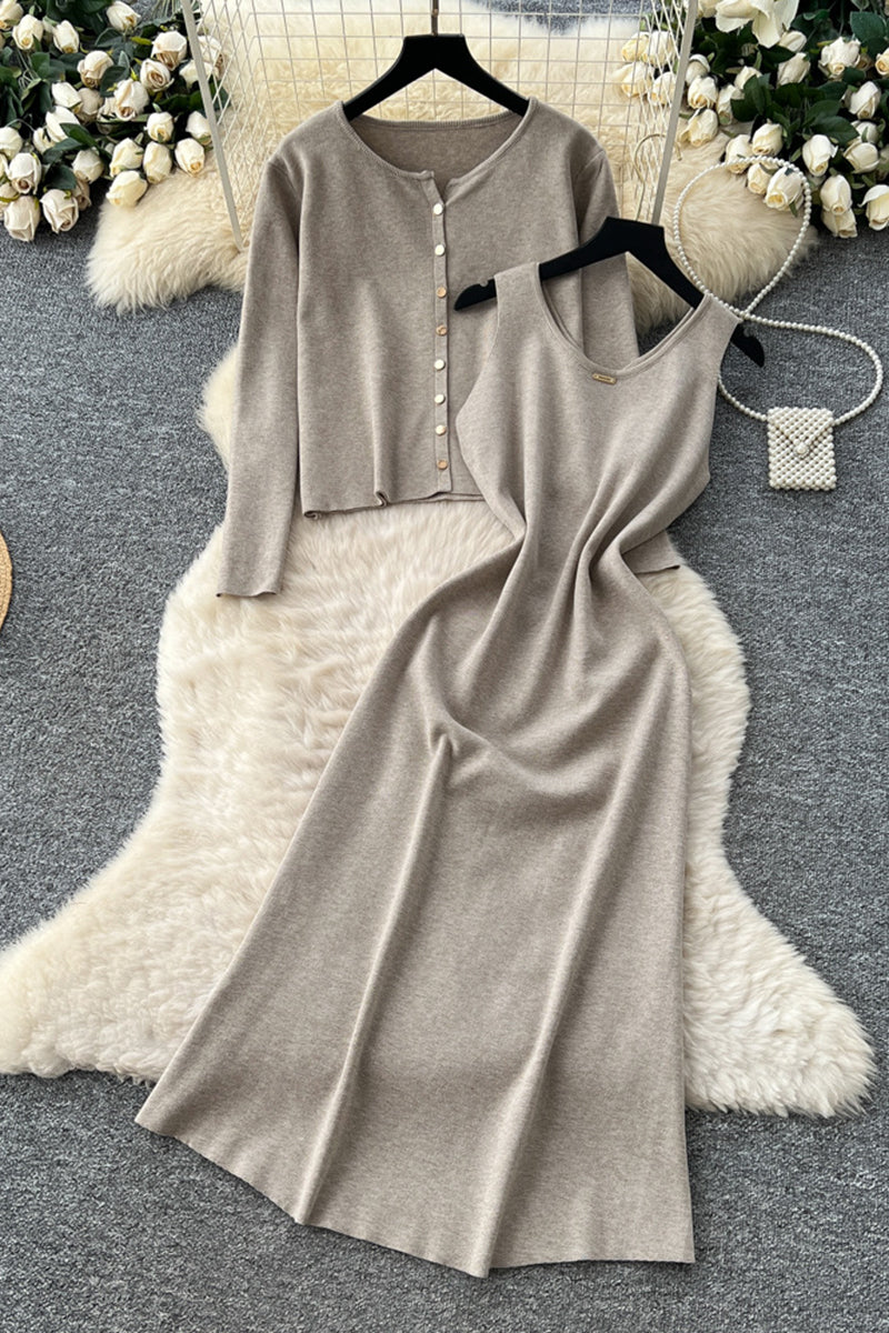 Elegant Knit Skirt Set with Buttoned Cardigan