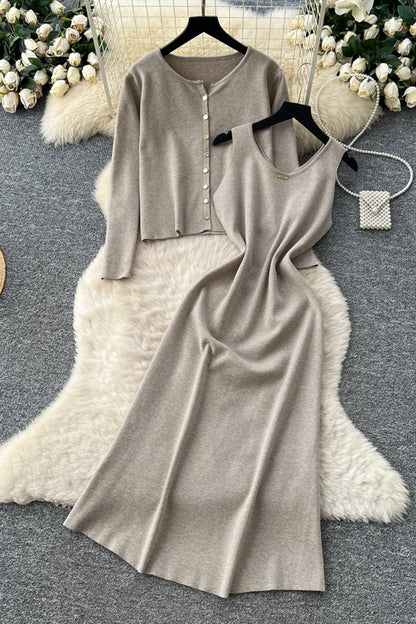 Elegant Knit Skirt Set with Buttoned Cardigan