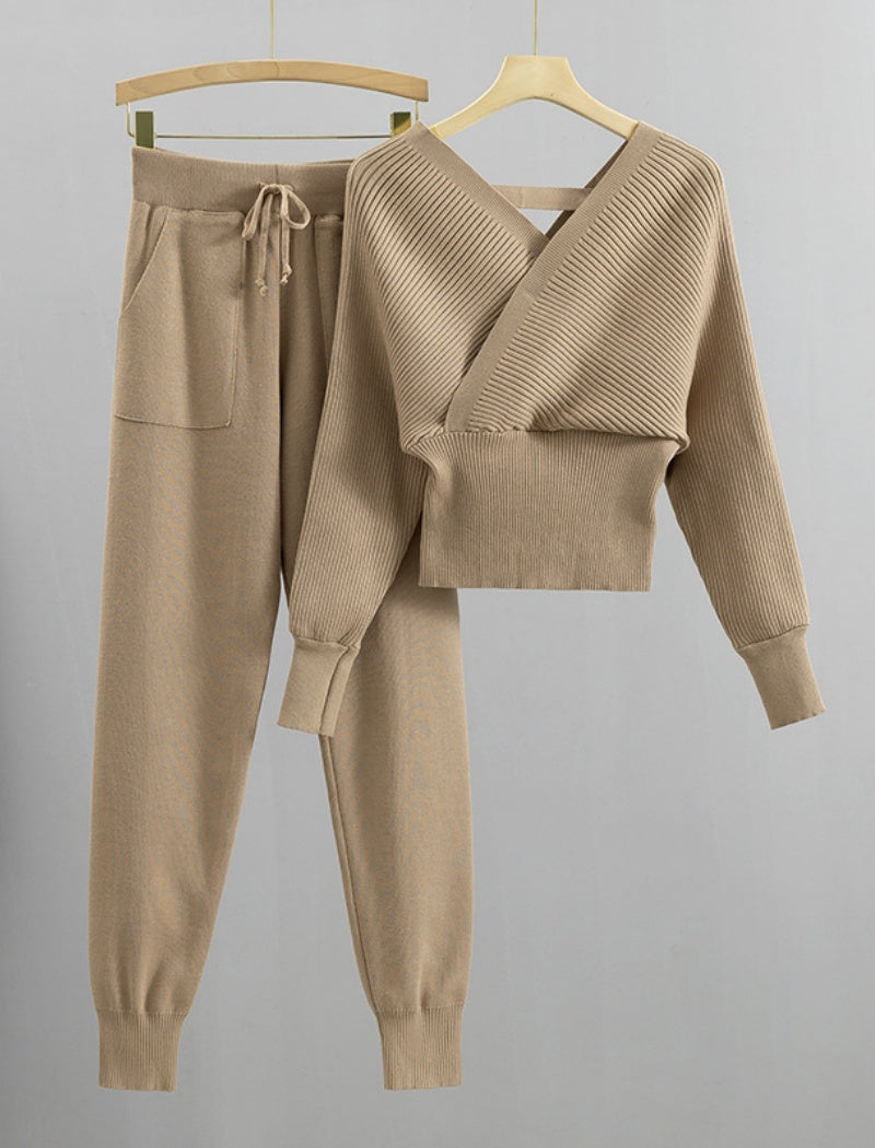 Ribbed Knit Cross-Front Lounge Set