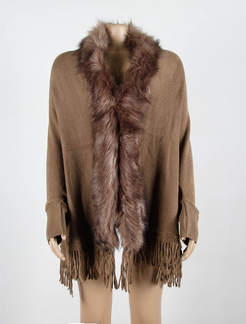 Faux Fur Trim Shawl with Fringe Detail