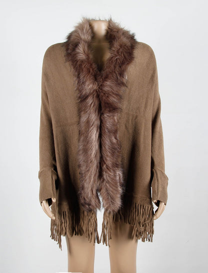 Faux Fur Trim Shawl with Fringe Detail