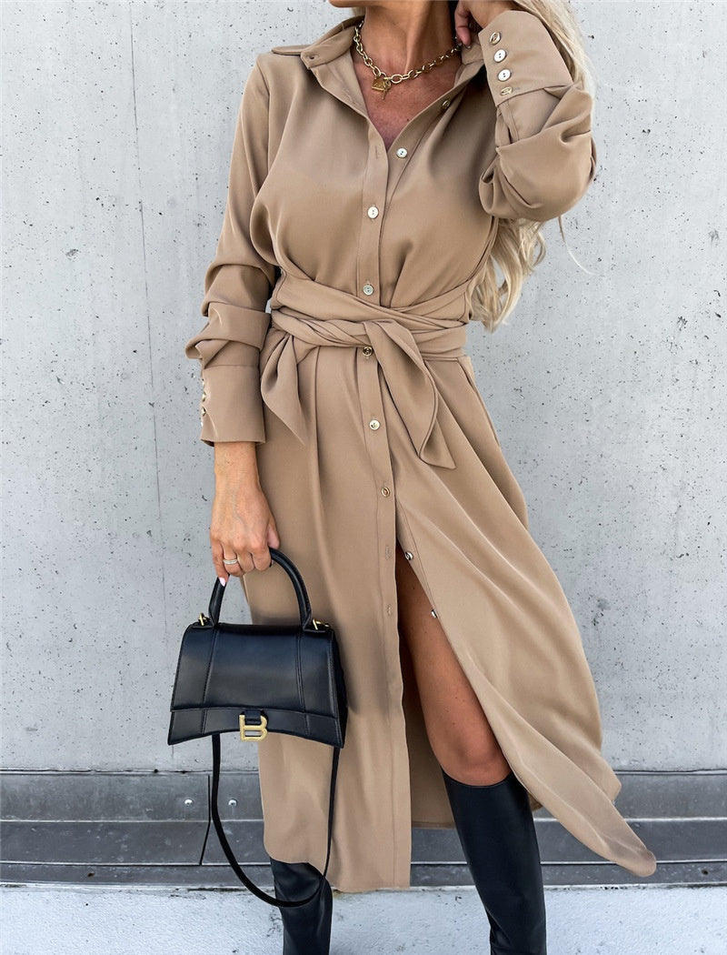 Belted Shirt Dress with Front Slit