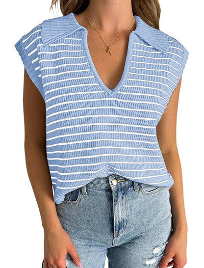 Striped Sleeveless Collared Knit Top