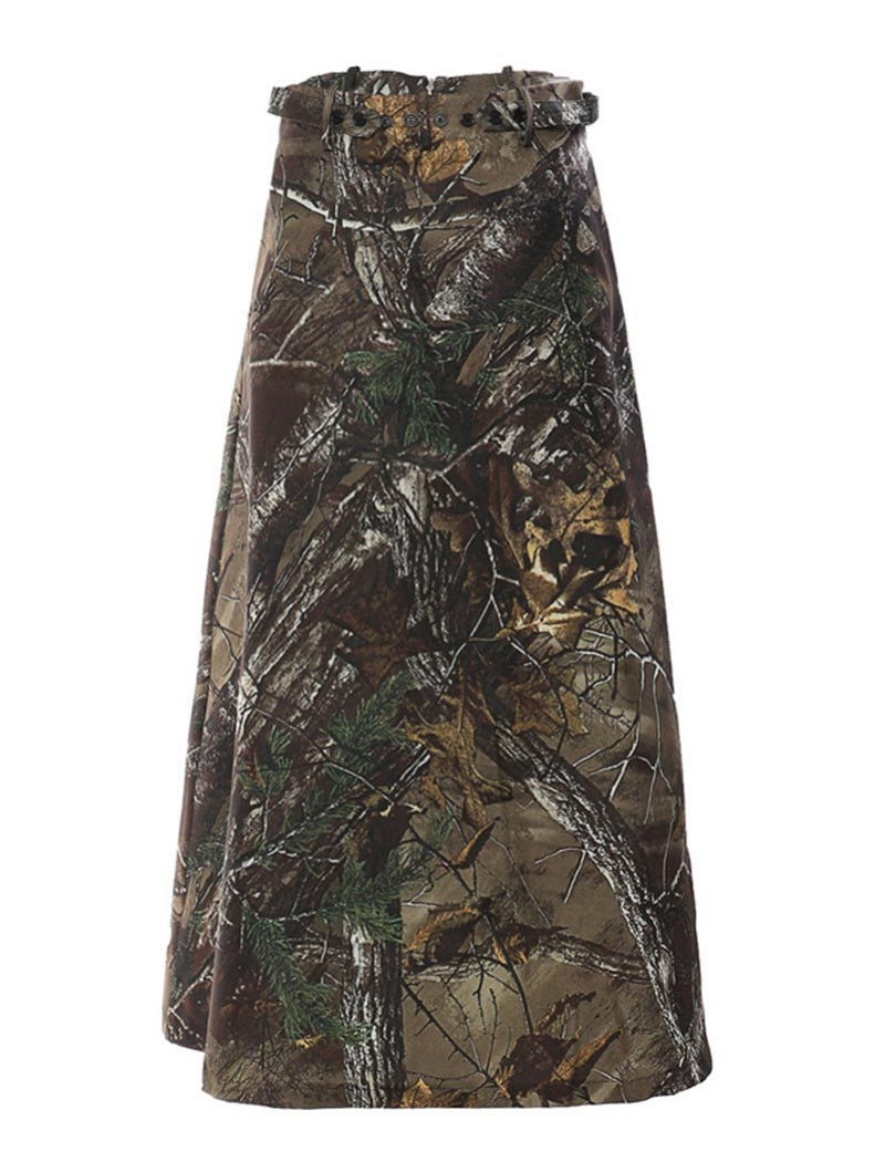 Camouflage Print High-Waisted Midi Skirt