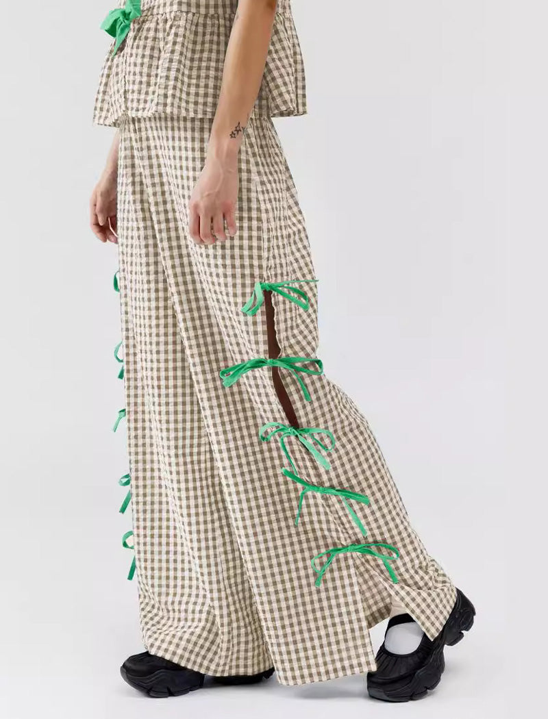 Split Side Strap Loose Checkered Pants