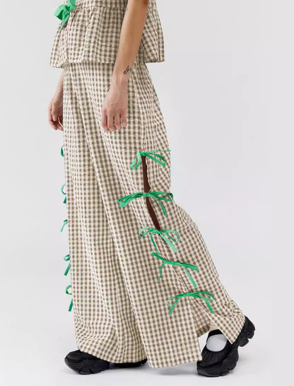 Split Side Strap Loose Checkered Pants