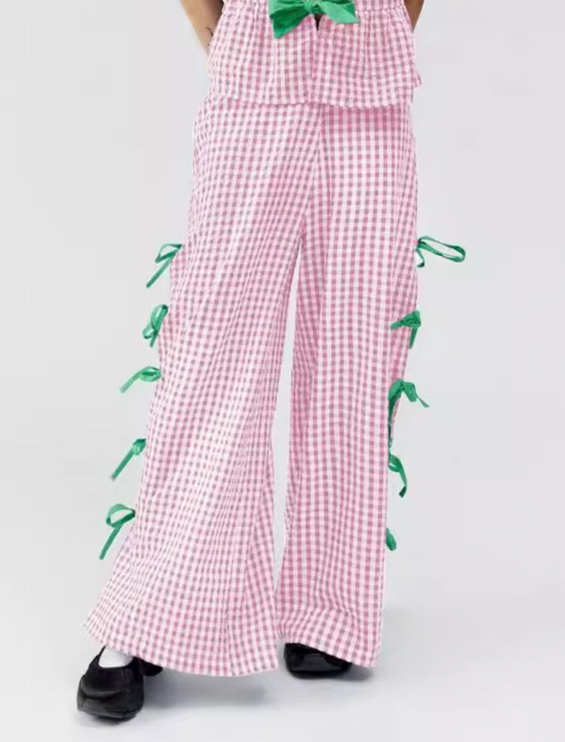 Split Side Strap Loose Checkered Pants