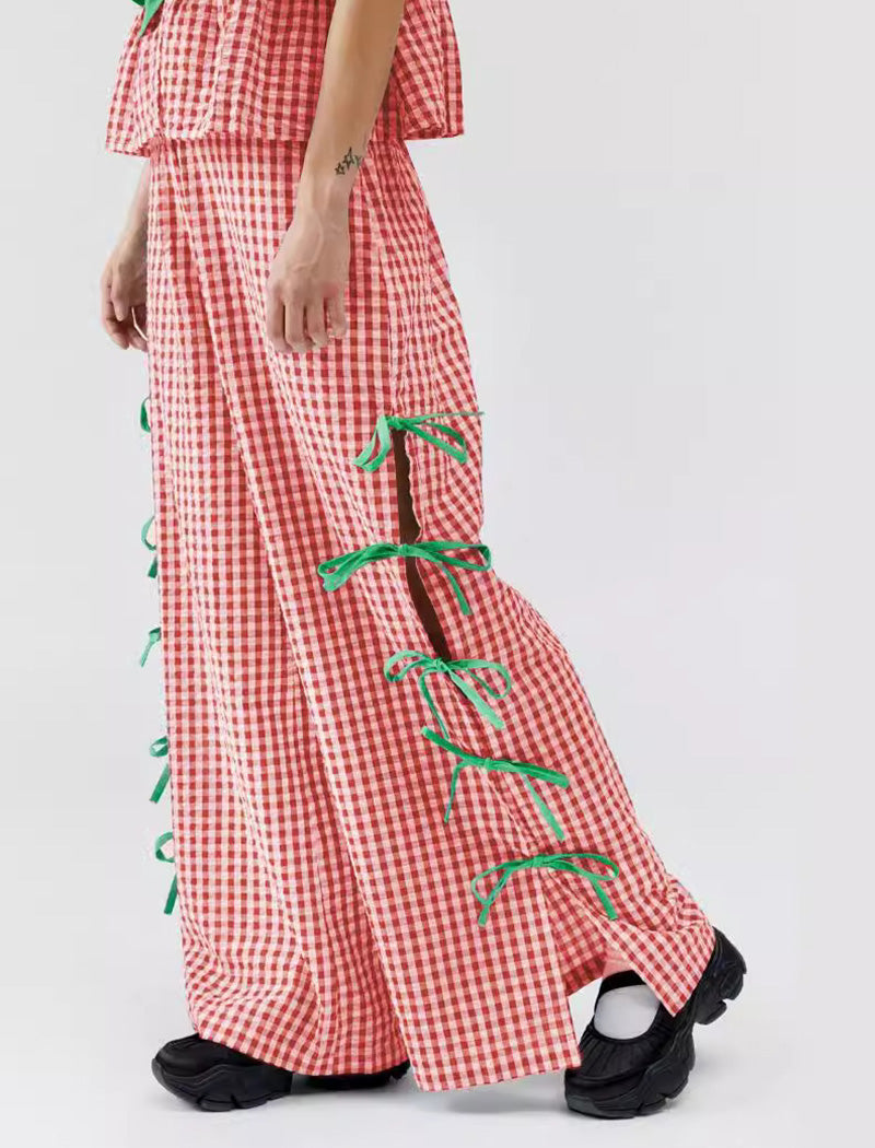 Split Side Strap Loose Checkered Pants