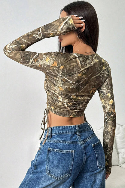 Camo Patterned Long Sleeve Crop Top