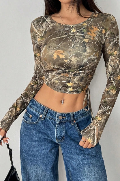 Camo Patterned Long Sleeve Crop Top