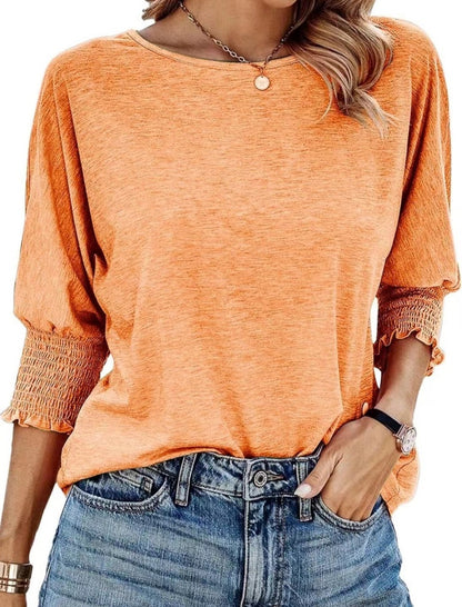 Smocked Cuff Round Neck Blouse