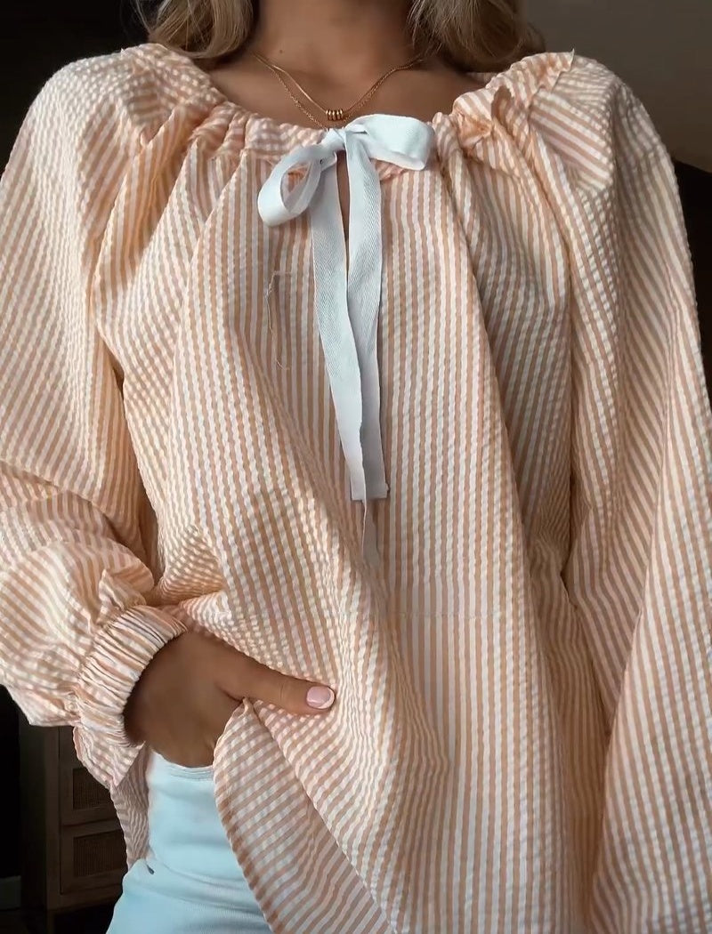 Striped Ribbon Tie Blouse