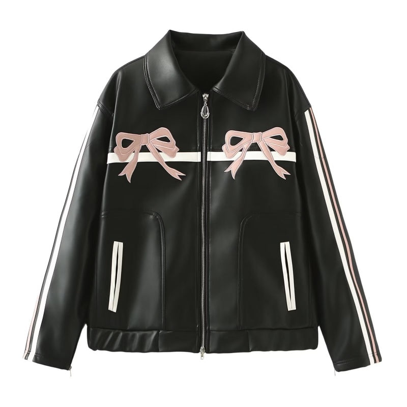 Faux Leather Jacket with Bow Accents