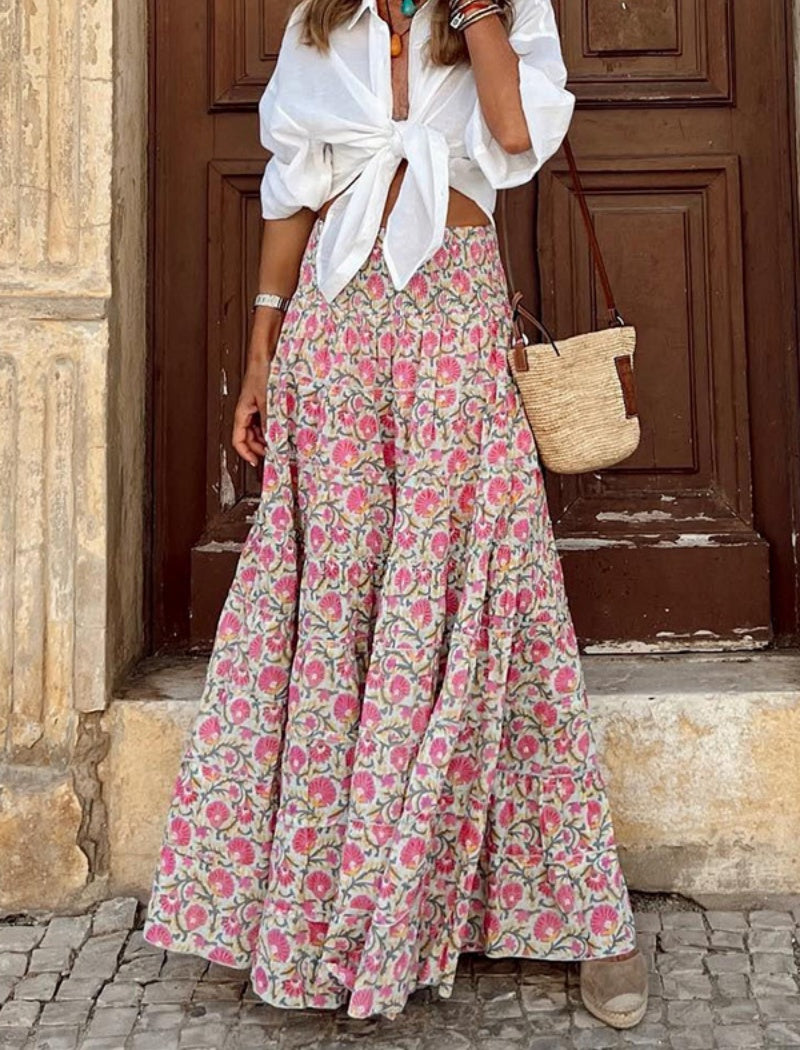 Floral Print Elastic Waist Maxi Skirt