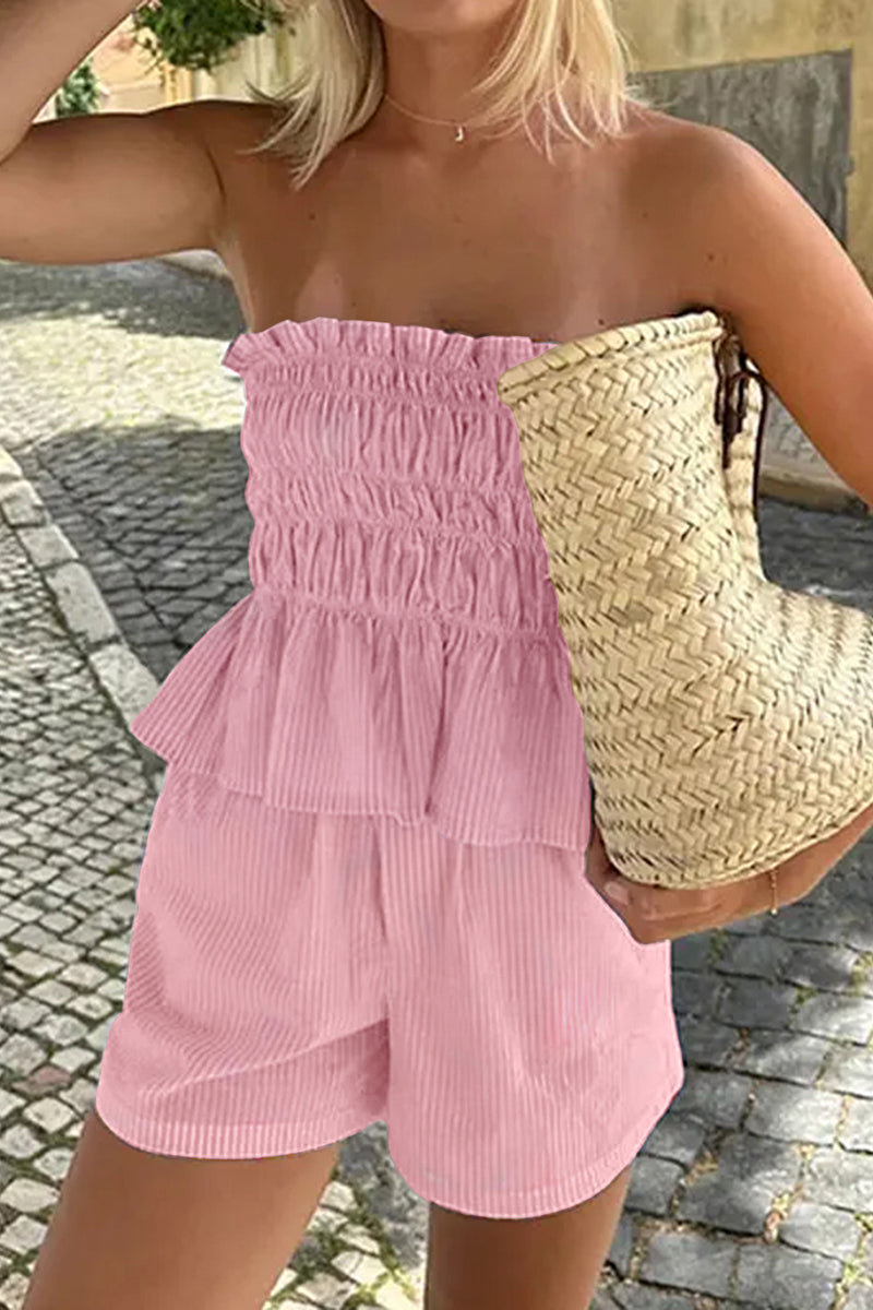 Smocked Strapless Casual Set with Ruffles