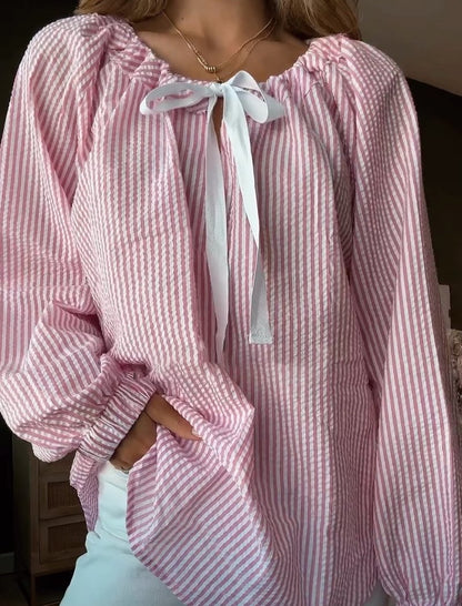 Striped Ribbon Tie Blouse