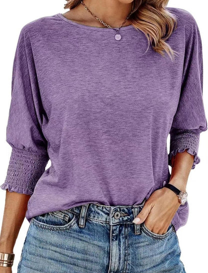 Smocked Cuff Round Neck Blouse