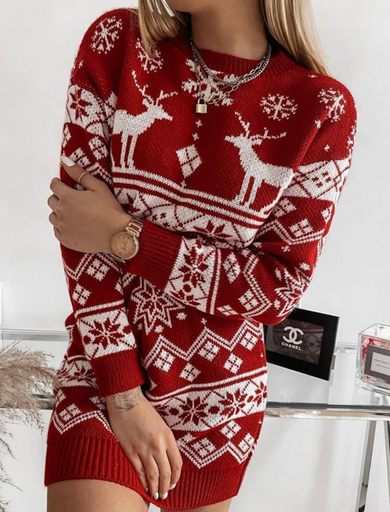 Reindeer Patterned Knit Sweater Dress