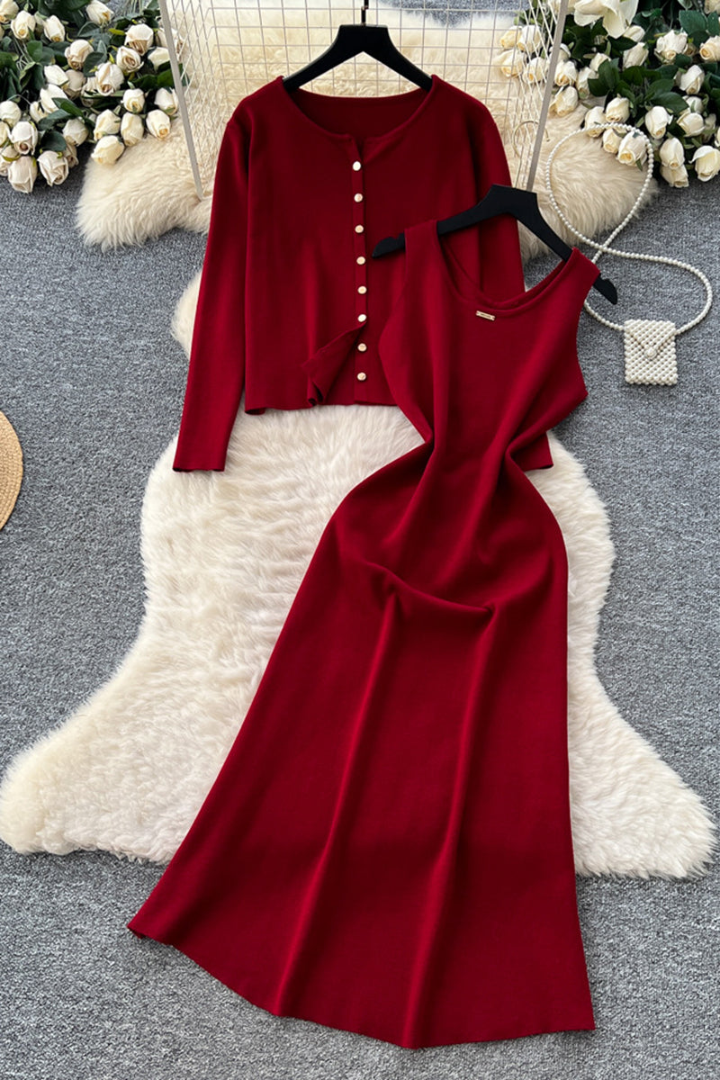 Elegant Knit Skirt Set with Buttoned Cardigan