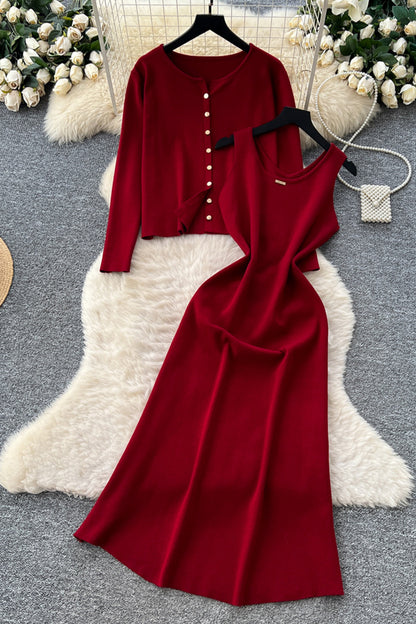 Elegant Knit Skirt Set with Buttoned Cardigan